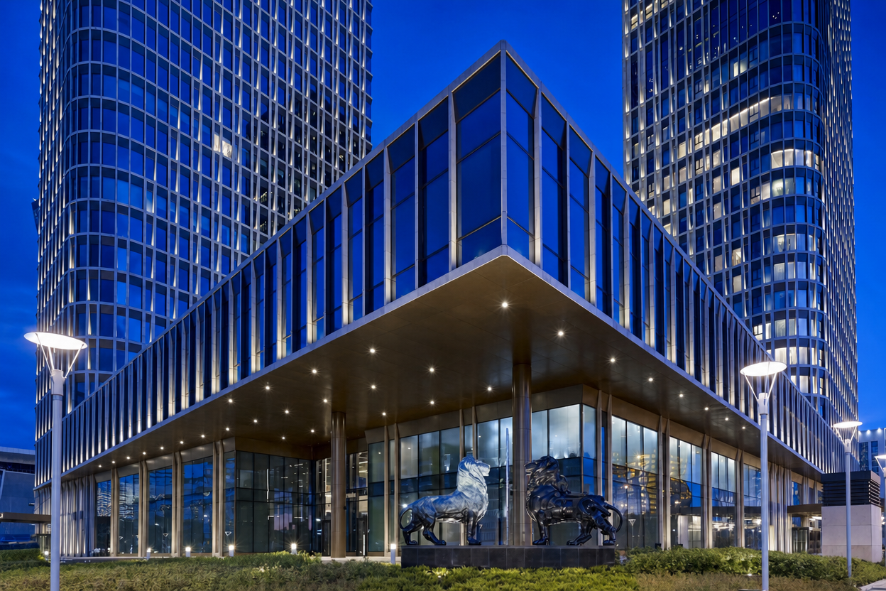 Отель The Ritz-Carlton Astana в комплексе Talan Towers вечером